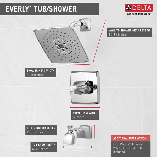 Delta 144741 Everly Single-Handle 3-Spray Tub and Shower Faucet with H2Okinetic Technology in Chrome Valve Included
