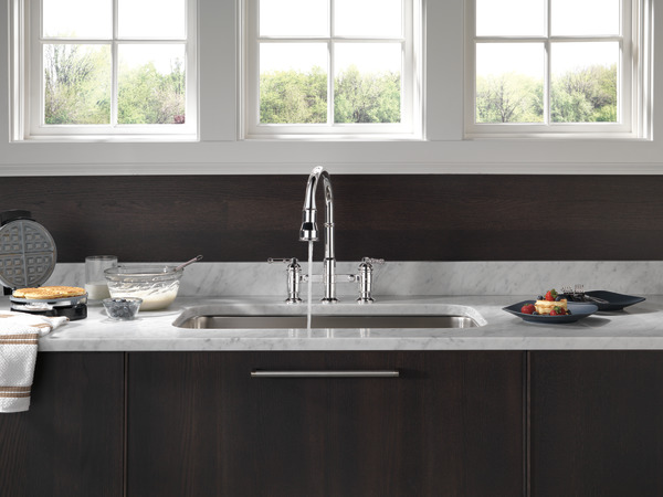Two Handle Pull Down Bridge Kitchen Faucet Delta Faucet