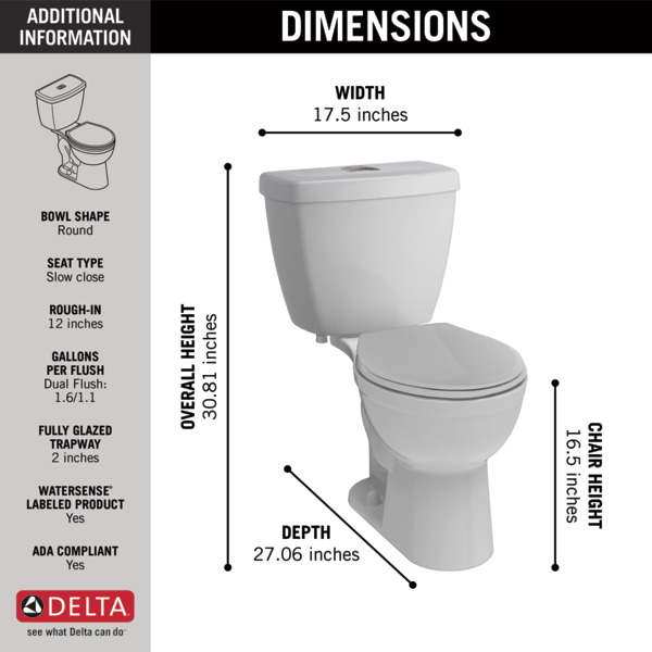 Foundations Dual Flush Round Front Toilet C41913DWH Delta Faucet